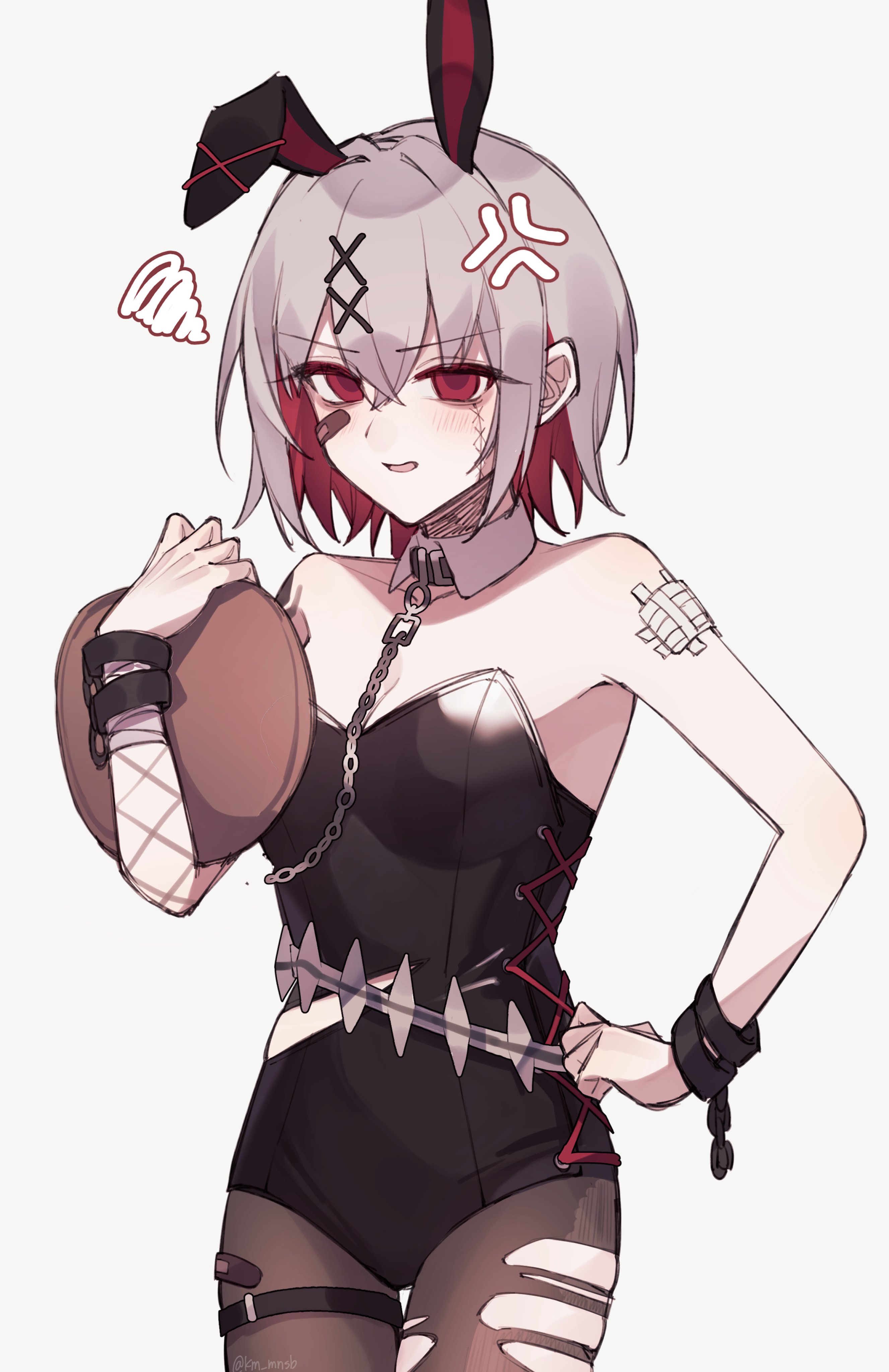 mahou shoujo no majo saiban, absurdres, highres, 1girl, anger vein, animal ear hairband, animal ears, bandaged arm, bandages, bandaid, bandaid on leg, bare shoulders, black leotard, brown pantyhose, colored inner hair, detached collar, fake animal ears, hair ornament, hairband, hand on own hip, holding, holding tray, leotard, looking at viewer, mu (km mnsb), multicolored hair, pantyhose, parted lips, playboy bunny, rabbit ear hairband, rabbit ears, red eyes, scar, scar on face, shitou arisa, short hair, simple background, solo, squiggle, stitched face, stitches, strapless, strapless leotard, thigh strap, torn clothes, torn leotard, torn pantyhose, tray, white background, white hair, wrist cuffs, x hair ornament