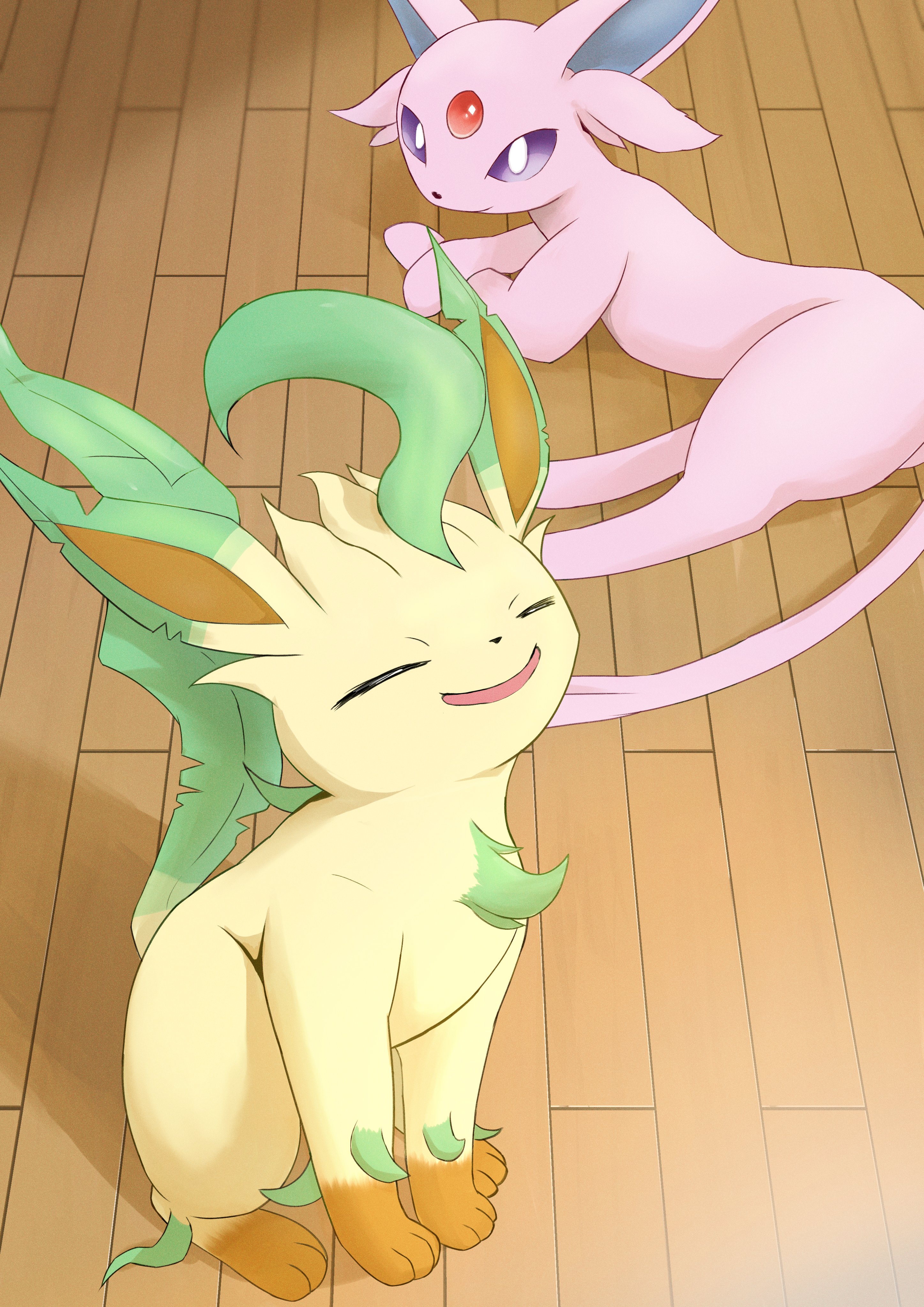 raaaichupudding, espeon, leafeon, nintendo, pokemon, absurdres, highres, animal focus, closed eyes, closed mouth, floor, forehead jewel, forked tail, full body, gem, gen 2 pokemon, gen 4 pokemon, indoors, no humans, on floor, open mouth, pokemon (creature), pokemon focus, purple eyes, purple fur, red gemstone, smile, tail, wooden floor