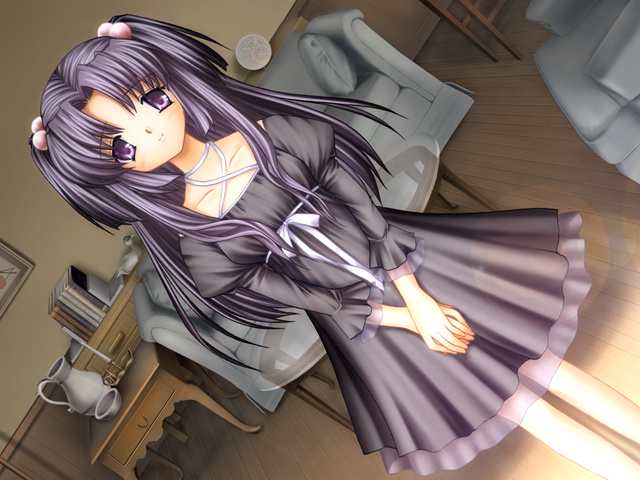 hinoue itaru, ichinose kotomi, clannad, game cg, official art, 00s, 1girl, blue hair, dress, dutch angle, female focus, hair bobbles, hair ornament, long hair, purple eyes, ribbon, solo, two side up