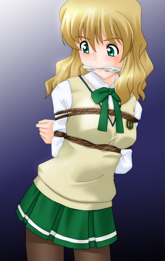 kannazuki okuto, minato (zegapain), zegapain, 00s, 1girl, bdsm, bondage, bound, female focus, gag, gagged, long hair, pantyhose, school uniform, serafuku, solo