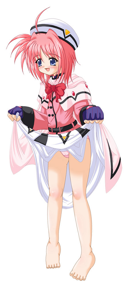 scarlet (infinity), caro ru lushe, kerykeion (nanoha), lyrical nanoha, mahou shoujo lyrical nanoha, mahou shoujo lyrical nanoha strikers, 00s, 1girl, barefoot, blue eyes, blush, clothes lift, dress, dress lift, female focus, gloves, hat, loli, panties, pink hair, skirt, skirt lift, smile, solo, underwear