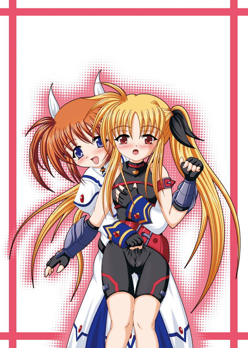 scarlet (infinity), fate testarossa, takamachi nanoha, lyrical nanoha, mahou shoujo lyrical nanoha, highres, 00s, 2girls, blonde hair, blue eyes, blush, cameltoe, gloves, loli, long hair, multiple girls, purple eyes, red eyes