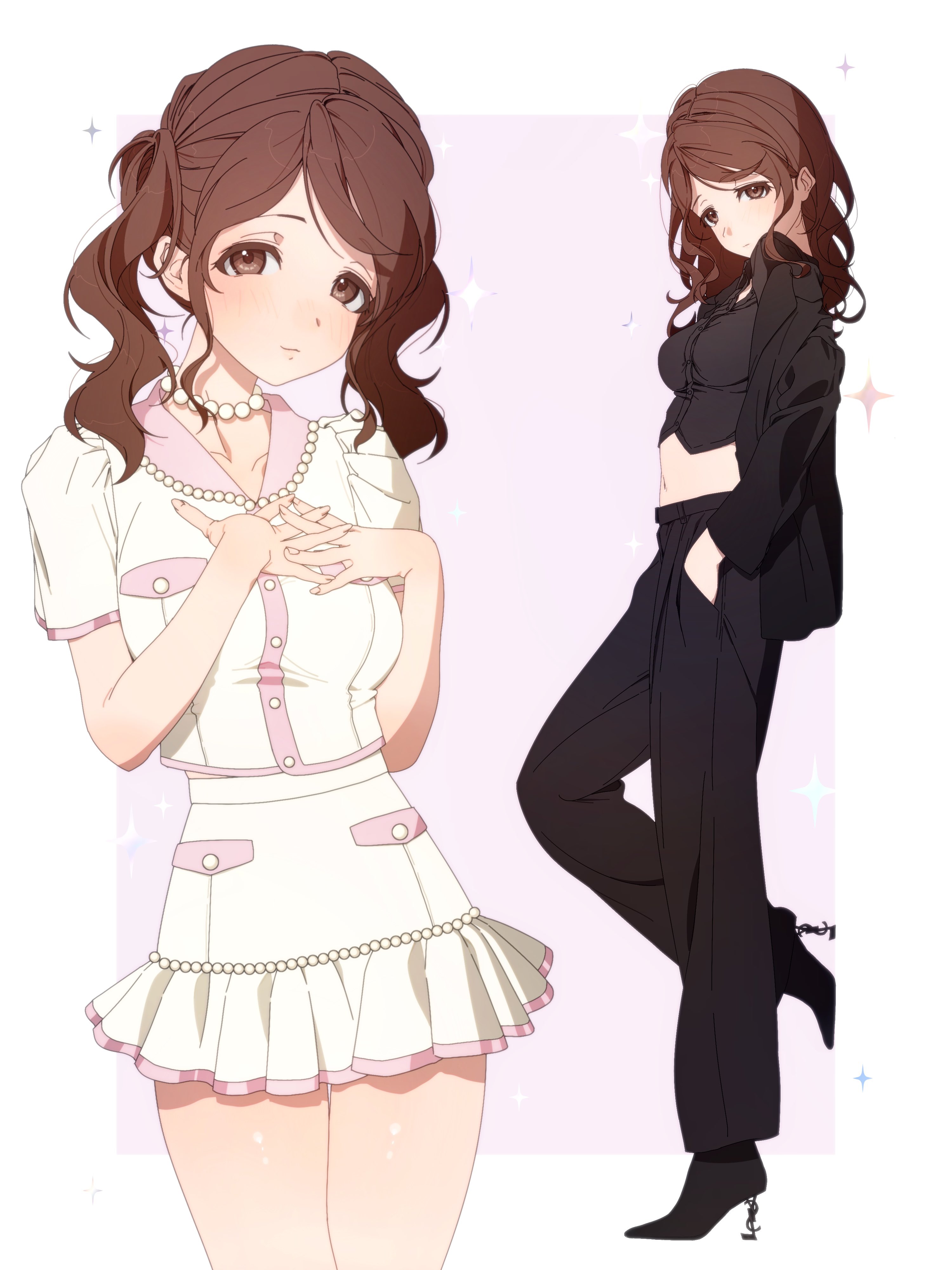usurai rairai, nakata sae, amagami, absurdres, commentary, highres, symbol-only commentary, 1girl, alternate costume, black pants, black shirt, black shoes, blush, breasts, brown eyes, brown hair, closed mouth, fashion, hand in pocket, hands on own chest, high heels, jewelry, long sleeves, looking at viewer, medium breasts, midriff, multiple views, necklace, pants, shirt, shoes, simple background, skirt, sparkle, standing, twintails, white shirt, white skirt