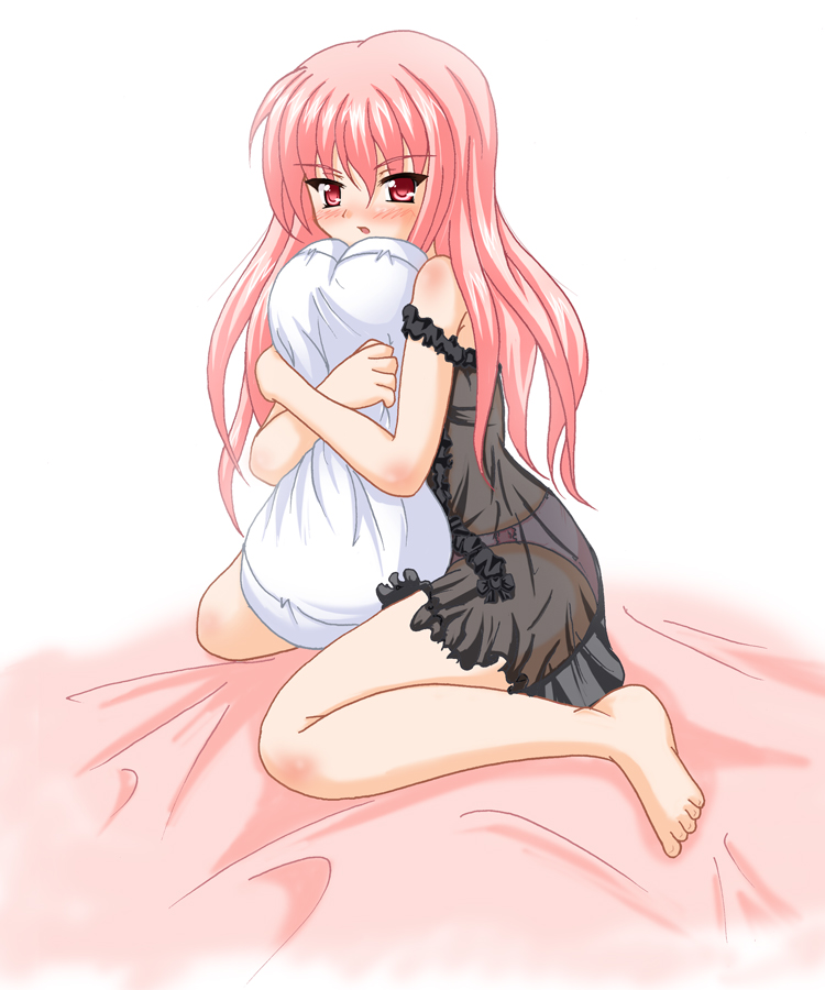scarlet (infinity), louise francoise le blanc de la valliere, zero no tsukaima, 00s, barefoot, bed, blush, hug, hugging object, long hair, panties, pillow, pillow hug, pink eyes, pink hair, see-through clothes, solo, underwear