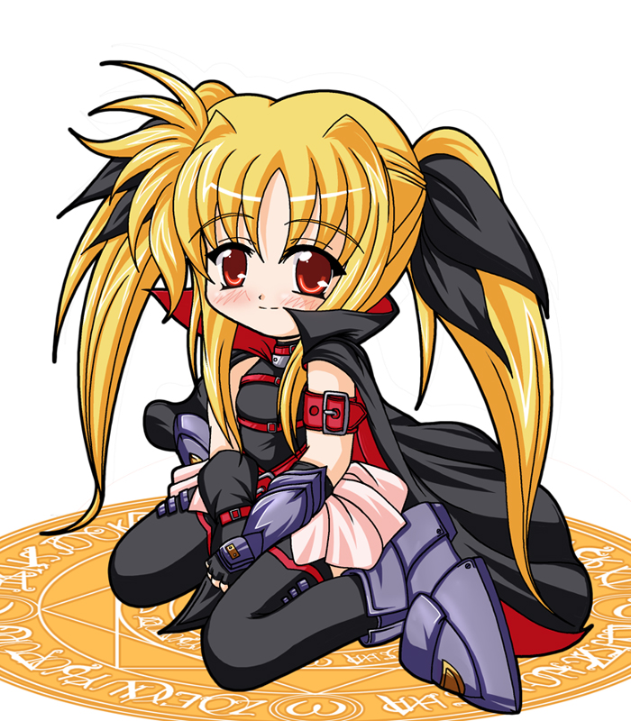 scarlet (infinity), fate testarossa, lyrical nanoha, mahou shoujo lyrical nanoha, 00s, blonde hair, chibi, gloves, long hair, red eyes, solo, thighhighs, twintails