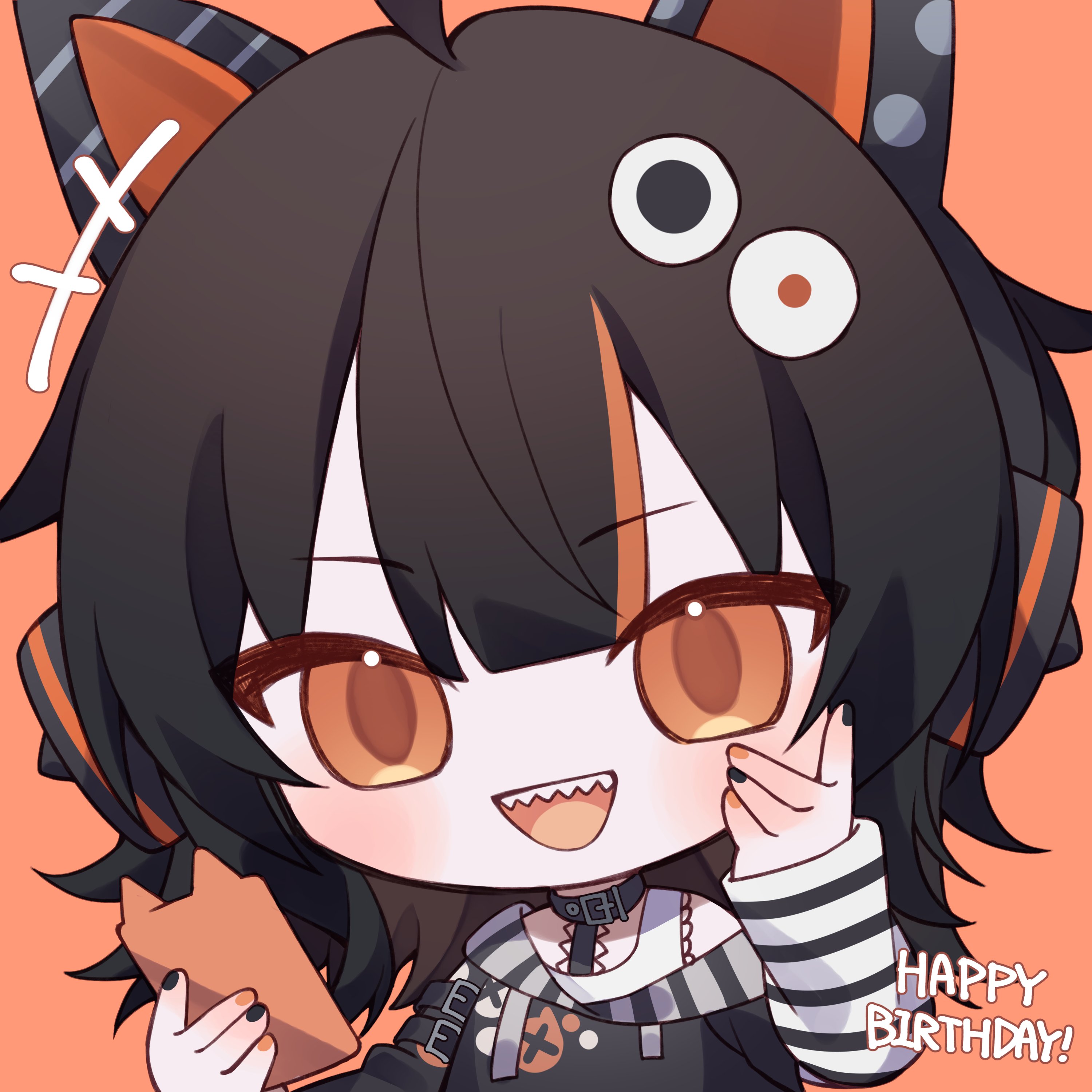 mahou shoujo no majo saiban, absurdres, highres, 1girl, ahoge, animal ear headphones, animal ears, black choker, black dress, black hair, cat ear headphones, cellphone, chibi, chibi only, choker, dress, eyeball hair ornament, fake animal ears, hand on own face, happy birthday, headphones, hime cut, holding, holding phone, looking at viewer, mu (km mnsb), orange background, orange eyes, orange nails, orange streaks, phone, sawatari koko, sharp teeth, simple background, smartphone, smile, solo, striped sleeves, teeth