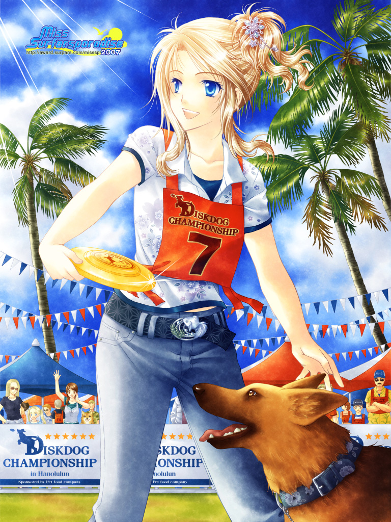 yue natsuki, original, 00s, 2007, 5girls, 6+boys, :d, animal collar, asa no ha (pattern), belt, blonde hair, blue eyes, buckle, cloud, collar, collarbone, collared shirt, crossed arms, crowd, day, denim, dog, english text, frisbee, hair ornament, high ponytail, jeans, looking afar, looking to the side, multiple boys, multiple girls, nature, open mouth, outdoors, palm tree, pants, parted bangs, pennant, plant, ponytail, print shirt, shirt, short ponytail, short sleeves, sidelocks, sky, smile, solo focus, sparkle, string of flags, sunglasses, sunlight, tent, tree, triangle mouth, waving