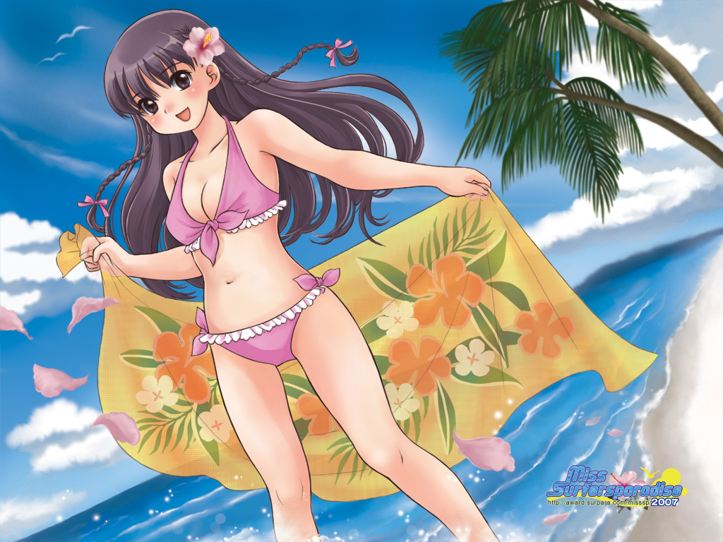 luna2, miss surfersparadise, original, 1girl, beach, bikini, blush, braid, cloud, day, female focus, flower, frills, front-tie top, hair flower, hair ornament, hibiscus, long hair, open mouth, outdoors, palm tree, pink bikini, purple eyes, purple hair, sarong, side-tie bikini bottom, sky, smile, solo, swimsuit, towel, tree, tropical, unworn sarong