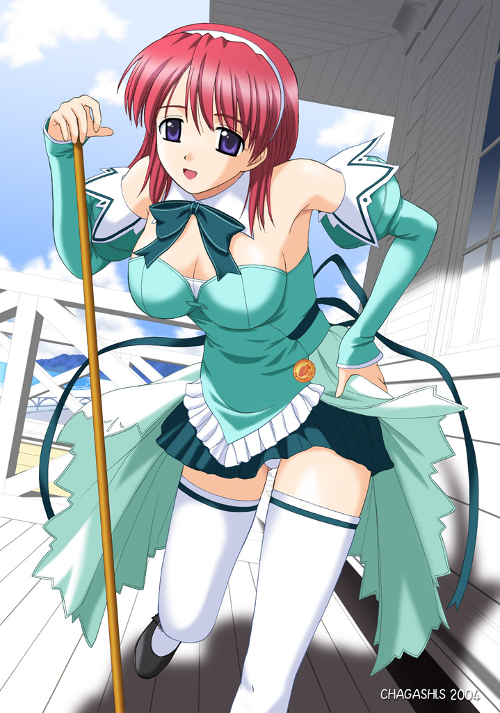 satou chagashi, hasegawa akemi, pia carrot (series), pia carrot e youkoso!!, pia carrot e youkoso!! 3, 1990s (style), 1girl, bare shoulders, blue eyes, bow, breasts, cleavage, dress, female focus, hairband, large breasts, maid, panties, pantyshot, red hair, retro artstyle, solo, thighhighs, underwear, waitress, zettai ryouiki
