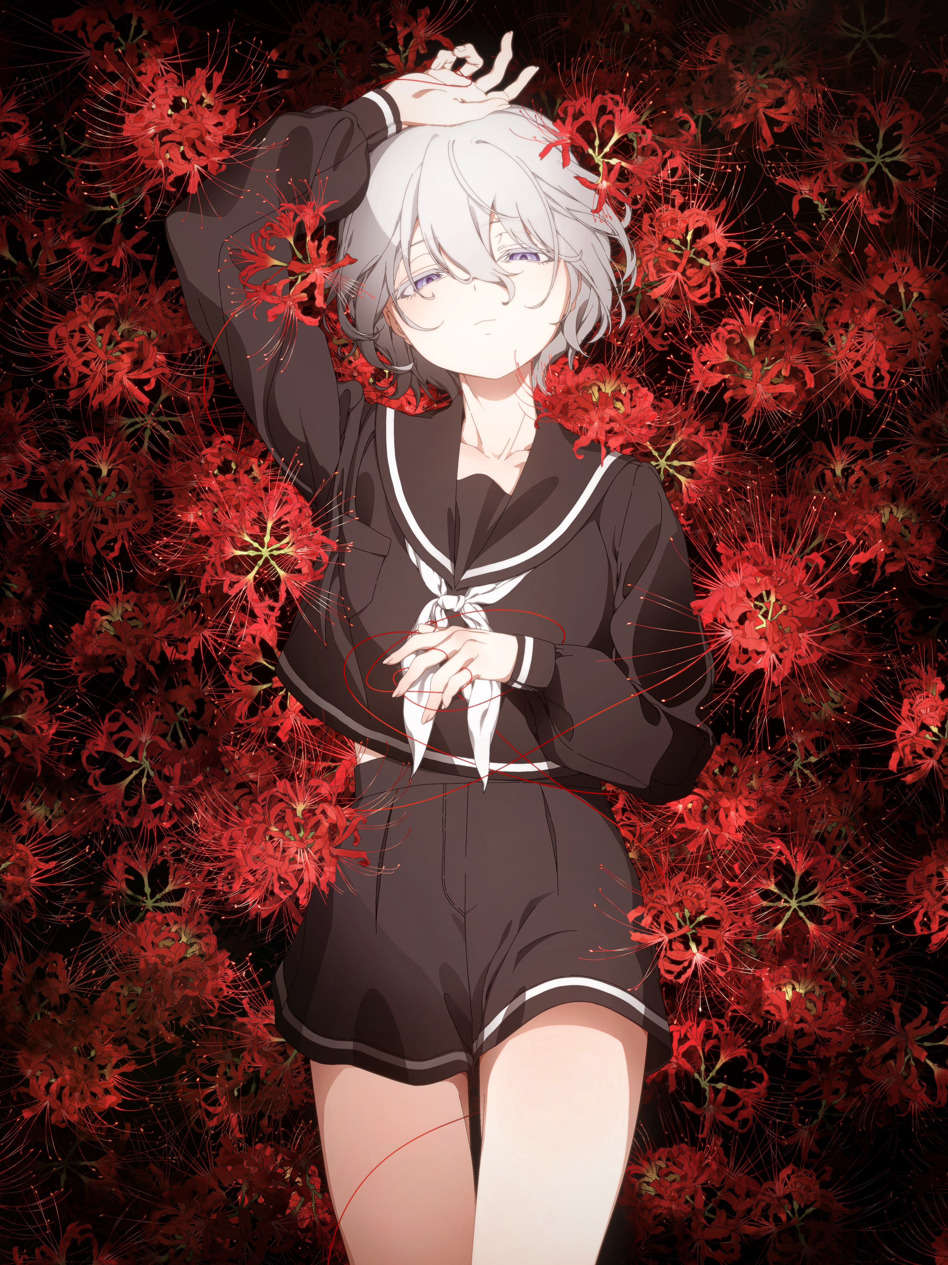 usurai rairai, original, absurdres, commentary request, highres, 1girl, arm up, black sailor collar, black serafuku, black skirt, closed mouth, flower, grey hair, hair between eyes, half-closed eyes, long sleeves, looking at viewer, lying, neckerchief, on back, purple eyes, red flower, sailor collar, school uniform, serafuku, short hair, skirt, solo, spider lily, string, string of fate, white neckerchief
