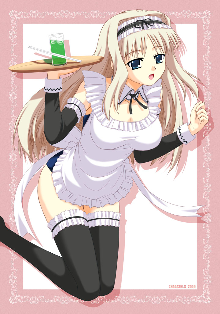 satou chagashi, kusugawa sasara, to heart (series), to heart 2, 00s, 1girl, blonde hair, breasts, female focus, frilled thighhighs, frills, large breasts, lingerie, long hair, maid, solo, thighhighs, underwear