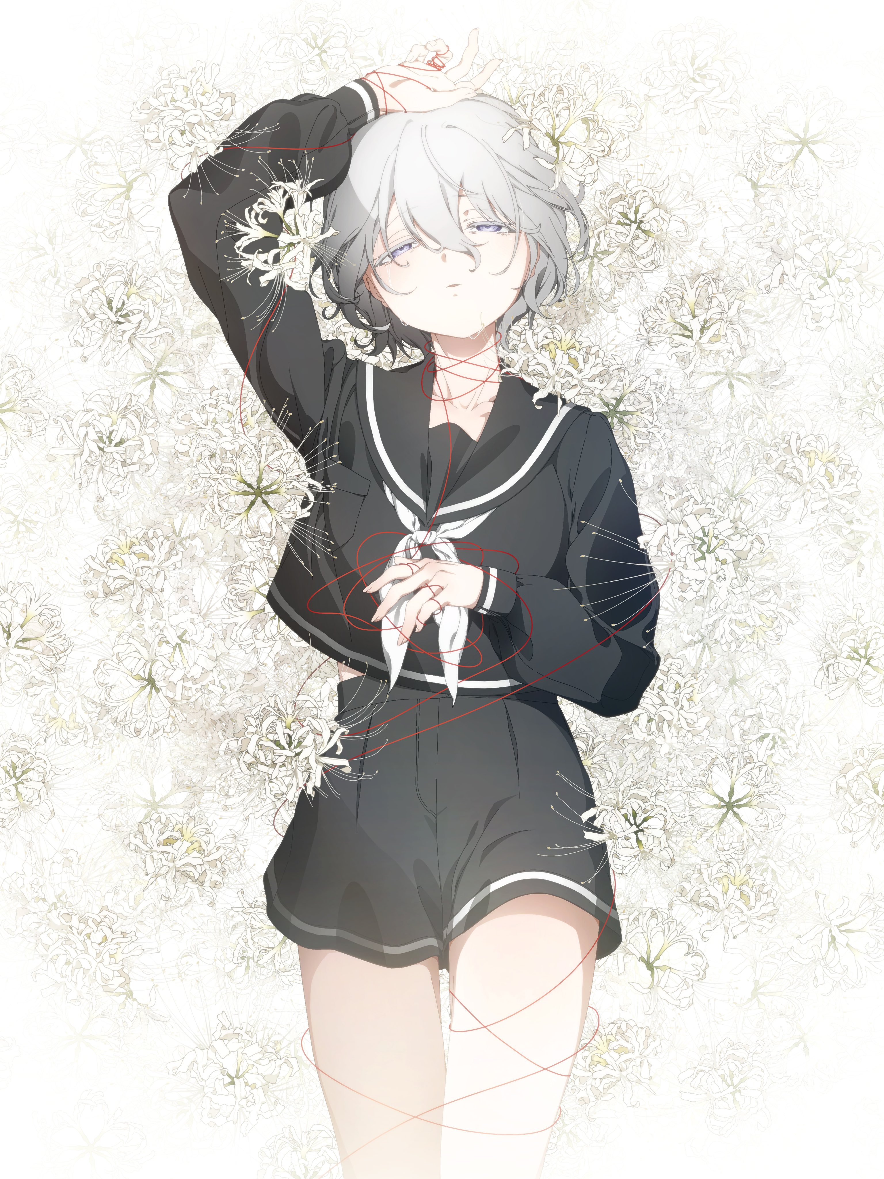 usurai rairai, original, absurdres, commentary request, highres, 1girl, arm up, black sailor collar, black serafuku, black skirt, flower, grey hair, hair between eyes, half-closed eyes, long sleeves, lying, neckerchief, on back, parted lips, purple eyes, sailor collar, school uniform, serafuku, short hair, skirt, solo, spider lily, string, string of fate, white flower, white neckerchief