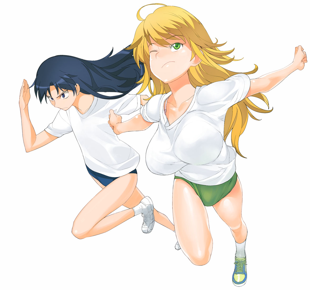 a1 (initial-g), hoshii miki, kisaragi chihaya, idolmaster, idolmaster (classic), idolmaster 1, 00s, 2girls, blonde hair, bra, bra peek, bra strap, buruma, gym uniform, multiple girls, running, underwear