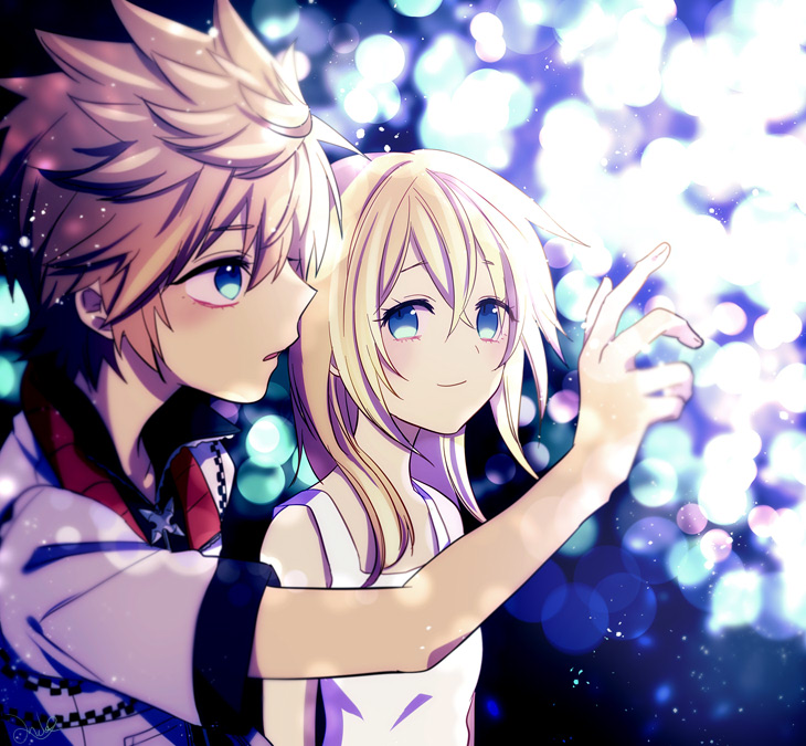 anoko (darenokoanoko), namine, roxas, kingdom hearts, kingdom hearts ii, commentary request, 1boy, 1girl, bare shoulders, blonde hair, blue eyes, brown hair, closed mouth, dress, hair between eyes, jacket, long hair, looking at another, profile, short hair, short sleeves, sleeveless, sleeveless dress, smile, white dress, white jacket
