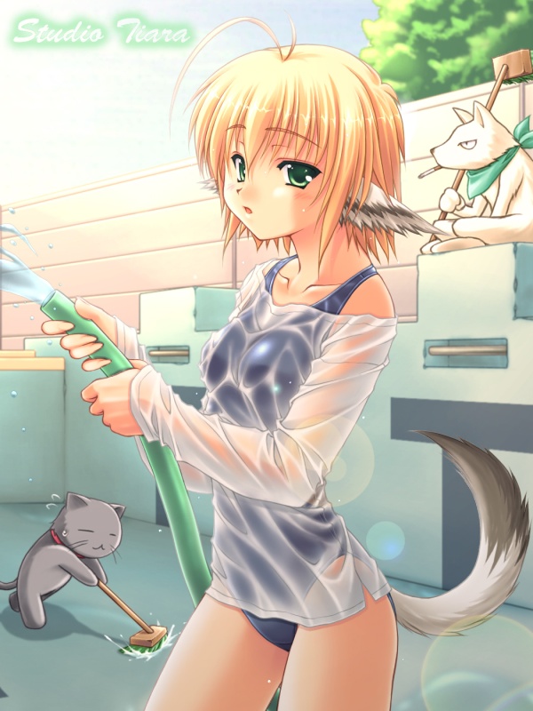kuroneko sakon, studio tiara, raisen (studio tiara), original, 1girl, ahoge, animal ears, blonde hair, cigarette, empty pool, female focus, green eyes, hose, lens flare, one-piece swimsuit, pool, see-through clothes, shirt, short hair, smoking, solo, swimsuit, swimsuit under clothes, tail, wet, wet clothes, wet shirt