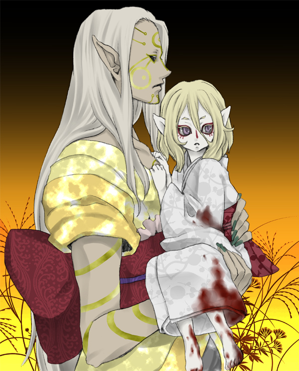 kusuriuri (mononoke), kusuriuri (shingi) (mononoke), mononoke, 00s, 2boys, aged down, androgynous, blonde hair, blood, bodypaint, bow, carrying, child, demon form, dual persona, facepaint, facial mark, floral background, gradient background, holding, japanese clothes, kimono, long hair, looking at viewer, looking to the side, makeup, male focus, multiple boys, nail polish, obi, pale skin, pointy ears, princess carry, purple eyes, sash, white hair, yellow kimono