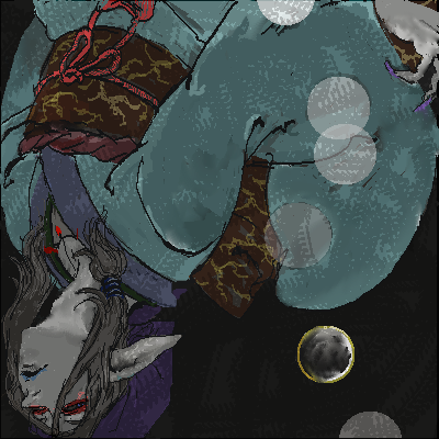 kusuriuri (mononoke), mononoke, lowres, 00s, 1boy, bandana, blonde hair, blue eyes, bow, durag, facepaint, facial mark, falling, hair tie, japanese clothes, jewelry, kimono, lipstick, long hair, makeup, male focus, nail polish, necklace, obi, oekaki, pointy ears, sash, solo, upside-down