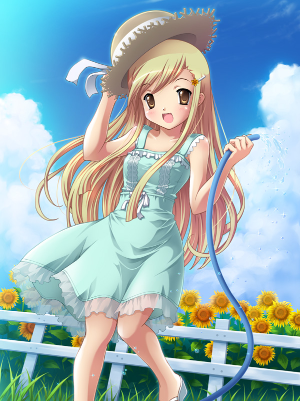 nagisawa yuuna, original, blonde hair, brown eyes, day, dress, flower, hat, hose, solo, straw hat, sundress, sunflower