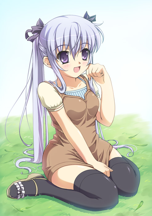 nagisawa yuuna, onnanoko suwari, original, blue hair, blush, hair ribbon, purple eyes, ribbon, solo, thighhighs, twintails, zettai ryouiki