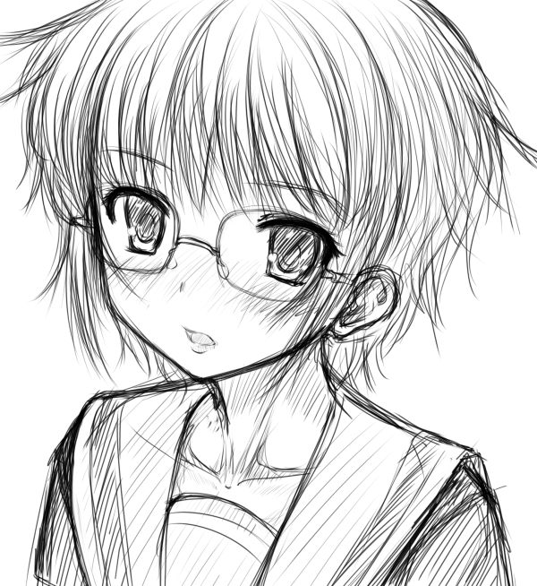 myu-po, nagato yuki, suzumiya haruhi no yuuutsu, 00s, blush, cardigan, glasses, greyscale, monochrome, school uniform, serafuku, short hair, sketch, solo