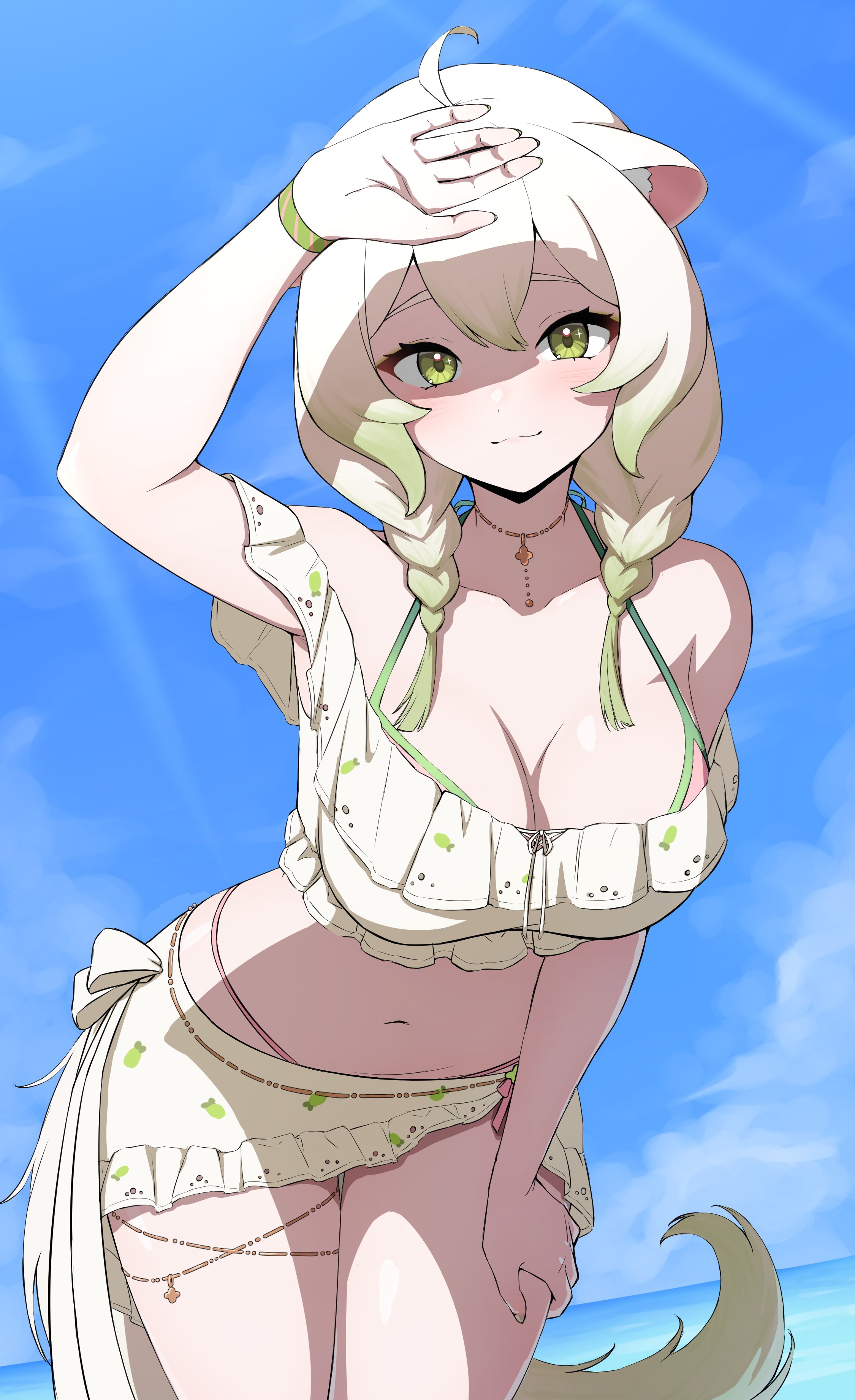 daydarion, laimu (vtuber), vinesauce, absurdres, highres, 1girl, ahoge, animal ears, beach, belly, bikini, braid, breasts, crop top, ferret, ferret ears, ferret girl, ferret tail, gold choker, gold thighlet, gradient hair, gradient tail, green eyes, green hair, green nails, green tail, hair between eyes, high-waist bikini, laimu (vtuber) (summer), large breasts, miniskirt, multicolored hair, multicolored tail, navel, ocean, pink nails, shadow, skirt, summer, swimsuit, tail, thick thighs, thigh gap, thighs, twin braids, two-tone hair, two-tone tail, virtual youtuber, white hair, white tail