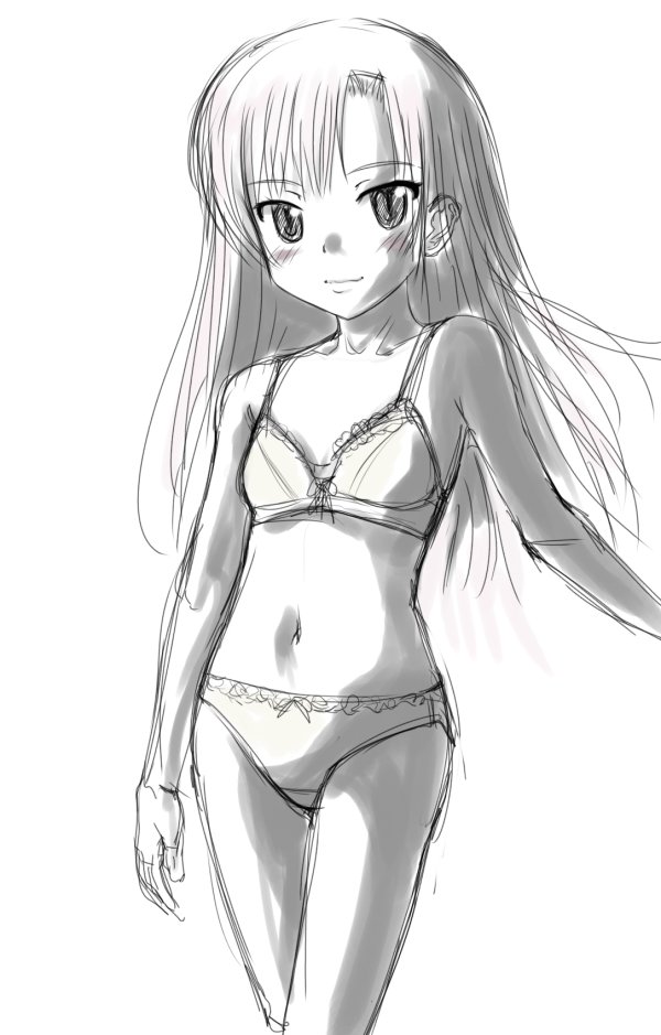myu-po, katsura hinagiku, hayate no gotoku!, 00s, blush, bra, greyscale, lingerie, monochrome, panties, sketch, underwear, underwear only