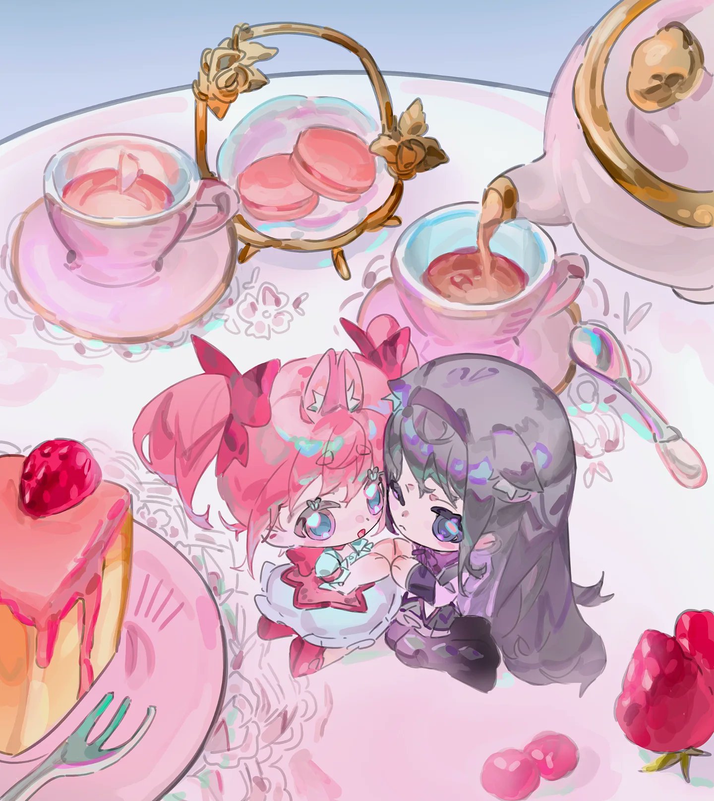 krabiccus, akemi homura, kaname madoka, mahou shoujo madoka magica, mahou shoujo madoka magica (anime), commentary, english commentary, highres, 2girls, animal ear fluff, animal ears, annoyed, argyle clothes, argyle footwear, bare arms, black boots, black hair, black hairband, black skirt, boots, bow, bow choker, bowtie, bubble skirt, cake, cake slice, capelet, chibi, choker, circle skirt, cup, dog ears, dot nose, dress, extra ears, eyelashes, floppy ears, food, fork, frilled dress, frilled skirt, frilled sleeves, frills, fruit, hair bow, hair spread out, hairband, happy, heads together, holding hands, kemonomimi mode, kneeling, layered sleeves, long hair, long sleeves, macaron, magical girl, mary janes, mini person, minigirl, miniskirt, multiple girls, no gloves, on table, one eye closed, open mouth, pink bow, pink choker, pink dress, pink eyes, pink hair, pink shoes, pleated skirt, pouring, puffy short sleeves, puffy sleeves, purple bow, purple bowtie, purple capelet, purple eyes, rabbit ears, raspberry, saucer, shoes, short dress, short hair, short sleeves, short twintails, skirt, skirt under dress, smile, straight hair, strawberry, table, tea, teacup, teapot, teaspoon, thigh boots, twintails, very long hair, white dress, white skirt, white sleeves