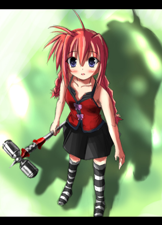 eikichi (artist), eikichi (mujirushi shounen), graf eisen, vita (nanoha), lyrical nanoha, mahou shoujo lyrical nanoha, mahou shoujo lyrical nanoha a's, mahou shoujo lyrical nanoha strikers, 00s, 1girl, bad anatomy, blue eyes, blush, braid, female focus, letterboxed, poorly drawn, red hair, solo, standing, striped clothes, striped thighhighs, thighhighs, twin braids, zettai ryouiki