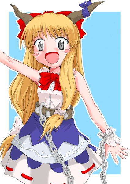 murazaki genta, ibuki suika, touhou, 1girl, blonde hair, blush, chain, female focus, horns, skirt, solo, three of a kind