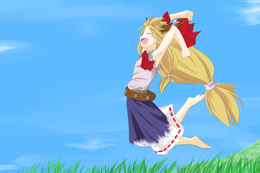 murazaki genta, ibuki suika, touhou, 1girl, armpits, barefoot, blonde hair, fang, female focus, horns, jumping, long hair, nature, outdoors, plant, skirt, sky, solo, three of a kind