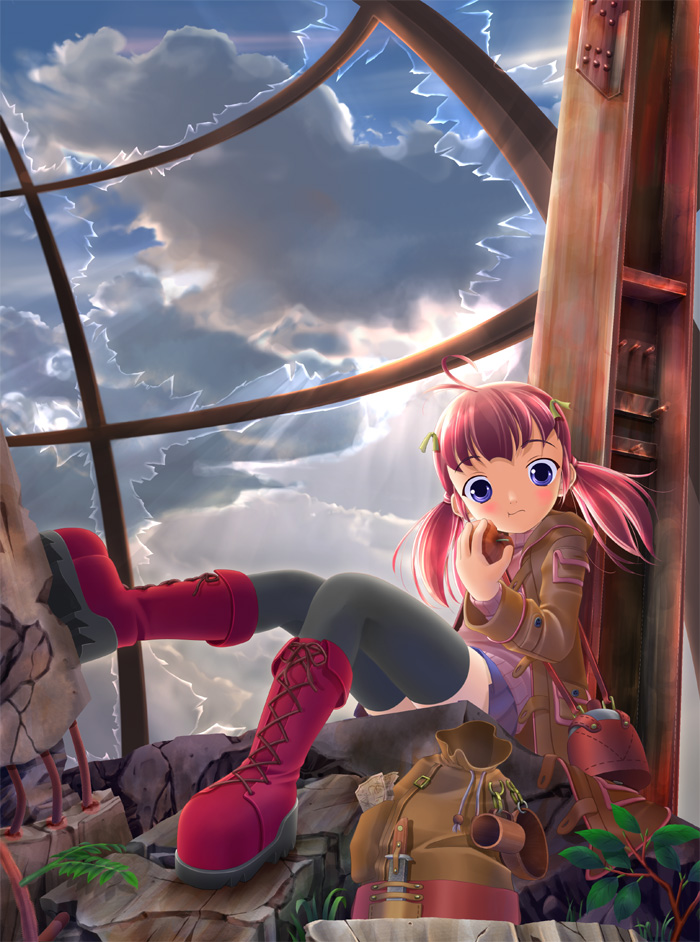tagme, boots, eating, pink hair, solo, thighhighs