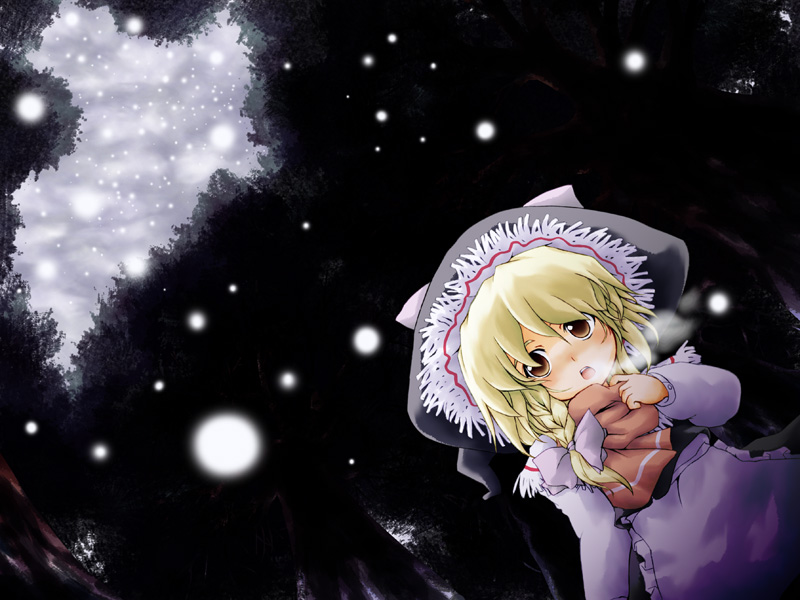 paji, kirisame marisa, perfect cherry blossom, touhou, 1girl, blonde hair, blue shame, breath, dress, female focus, forest, hat, hat ribbon, long hair, long sleeves, nature, open mouth, red scarf, ribbon, scarf, snow, snowing, solo, witch hat