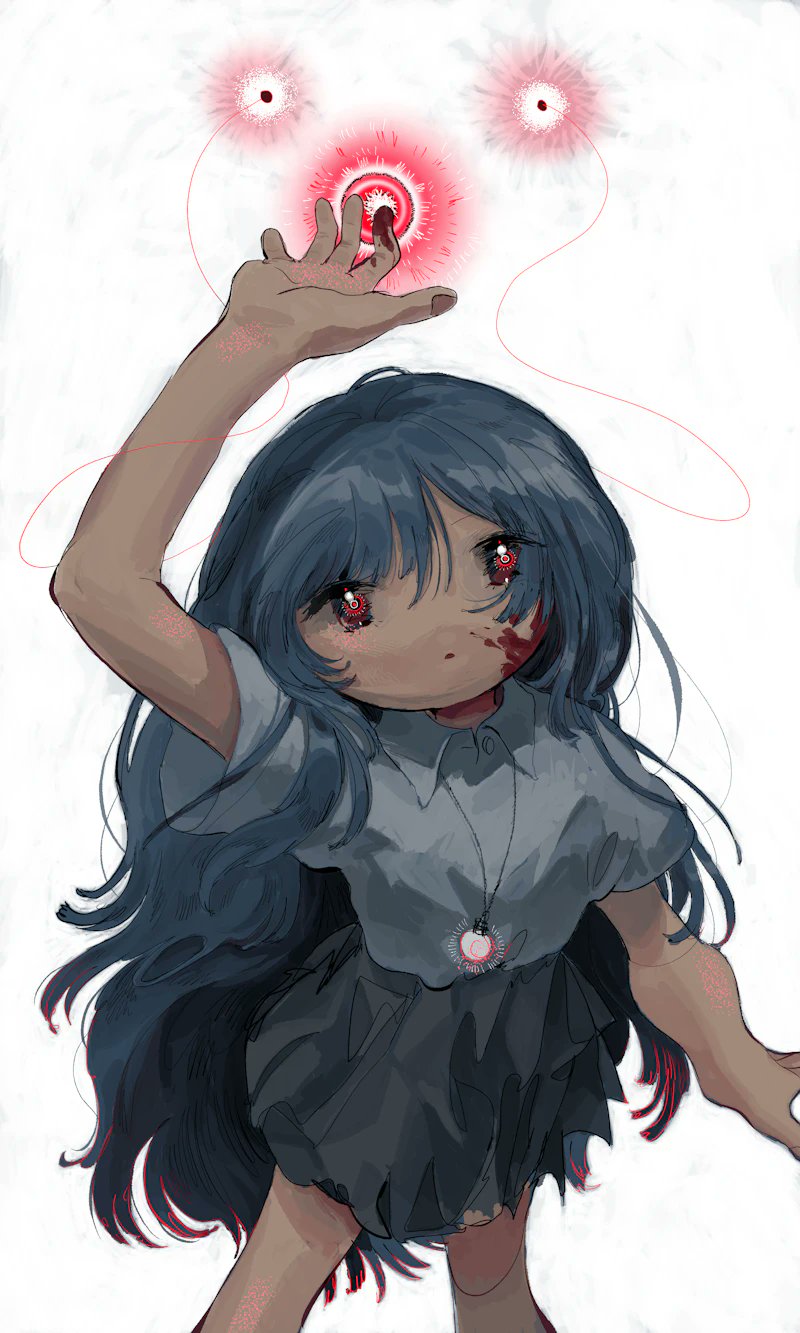 sizucomaru, original, commission, highres, skeb commission, 1girl, antennae, black skirt, blood, blood on hands, blue hair, collared shirt, feet out of frame, grey shirt, long hair, no nose, shirt, shirt tucked in, short sleeves, skirt, solo, white background