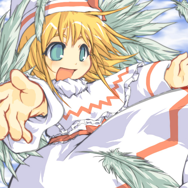 paji, lily white, touhou, 1girl, :d, blonde hair, blue shame, capelet, cloud, cloudy sky, dress, feathers, female focus, green eyes, green feathers, hat, long sleeves, open mouth, outstretched arm, short hair, sky, smile, solo, white dress, white hat