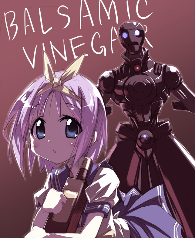 tokyo (great akuta), hiiragi tsukasa, tamanoi vinegar robot, lucky star, real life, 1girl, balsamic vinegar, dark, humanoid robot, parody, robot, school uniform, serafuku