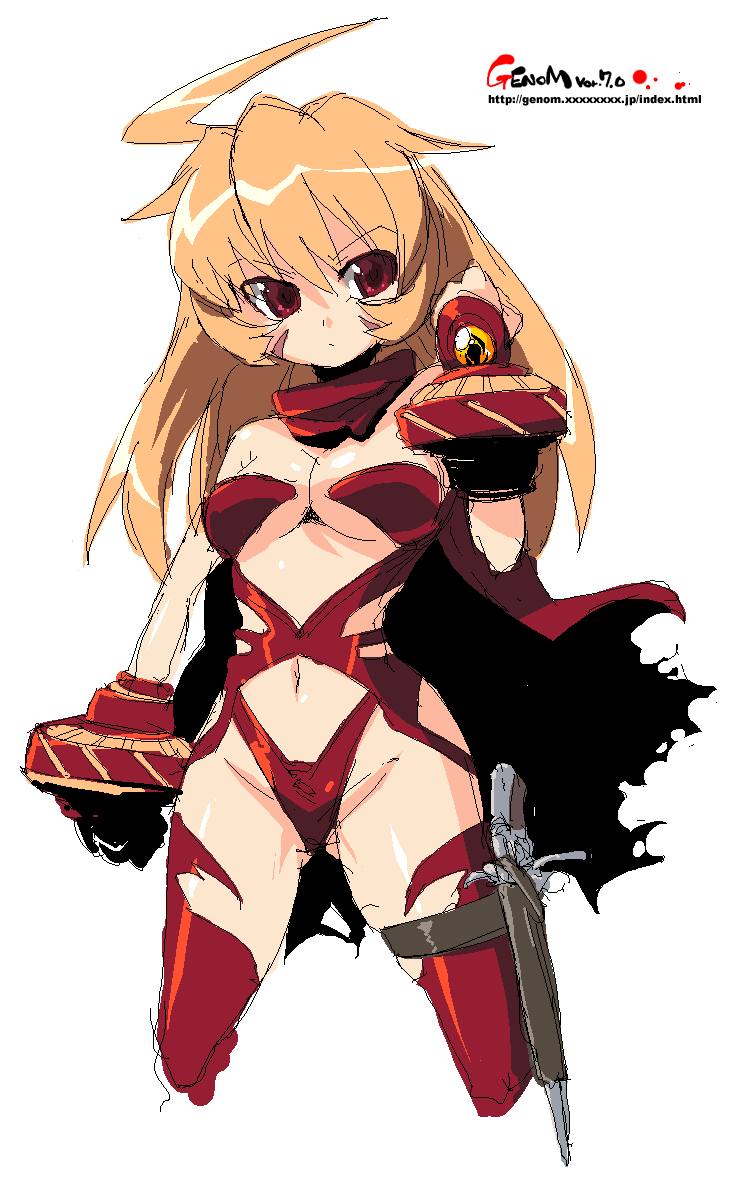 onija tarou, copyright request, ahoge, antenna hair, blonde hair, fantasy, gloves, gun, long hair, oekaki, red eyes, solo, thigh strap, thighhighs, weapon