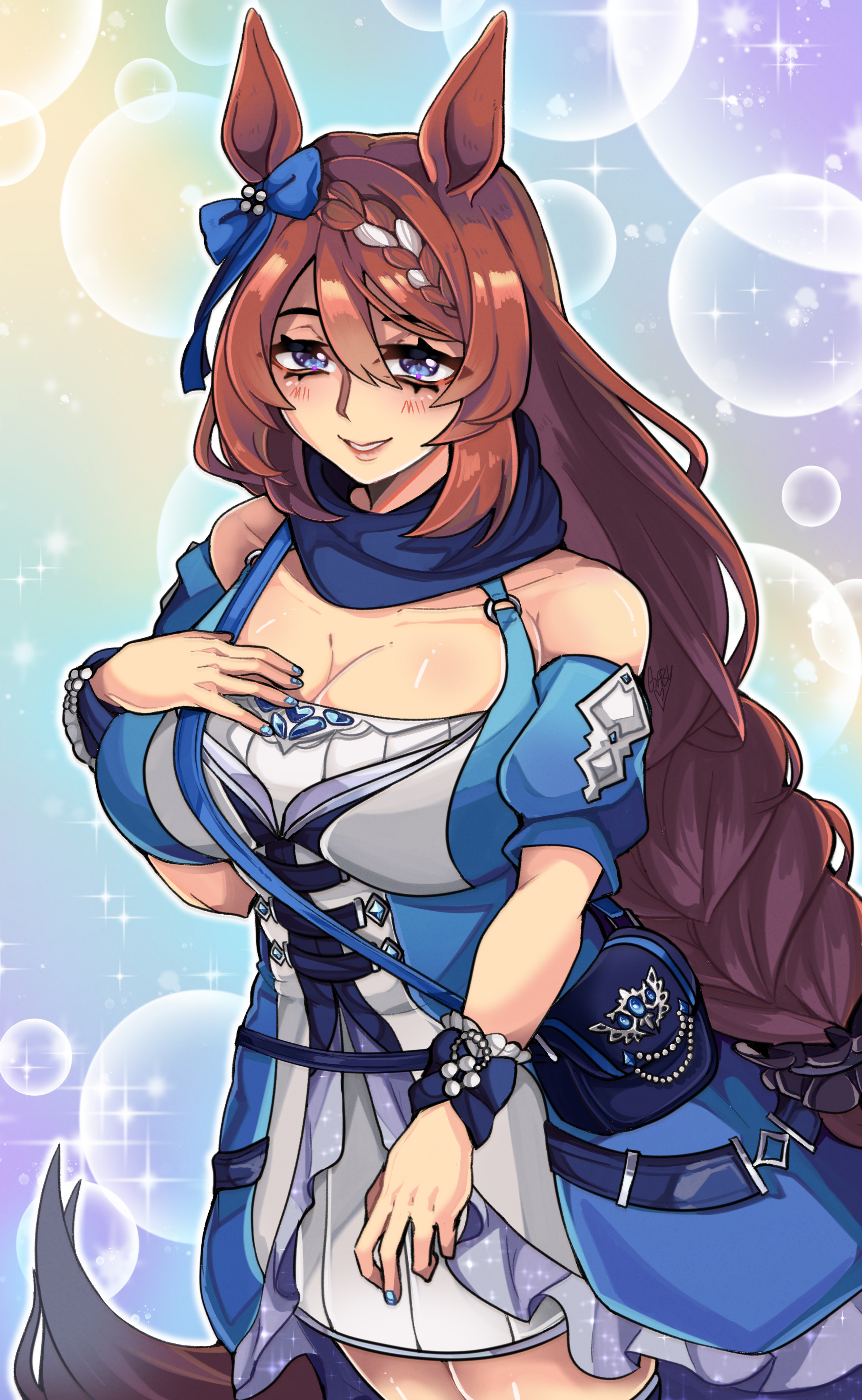 rinnytanart, super creek (umamusume), umamusume, absurdres, highres, 1girl, animal ears, blue dress, blue eyes, blush, bow, braid, breasts, brown hair, cleavage, collarbone, dress, ear bow, hair between eyes, horse ears, horse girl, horse tail, large breasts, long hair, looking at viewer, multicolored hair, open mouth, parted lips, smile, solo, streaked hair, tail, teeth, very long hair, white dress, white hair, wrist cuffs