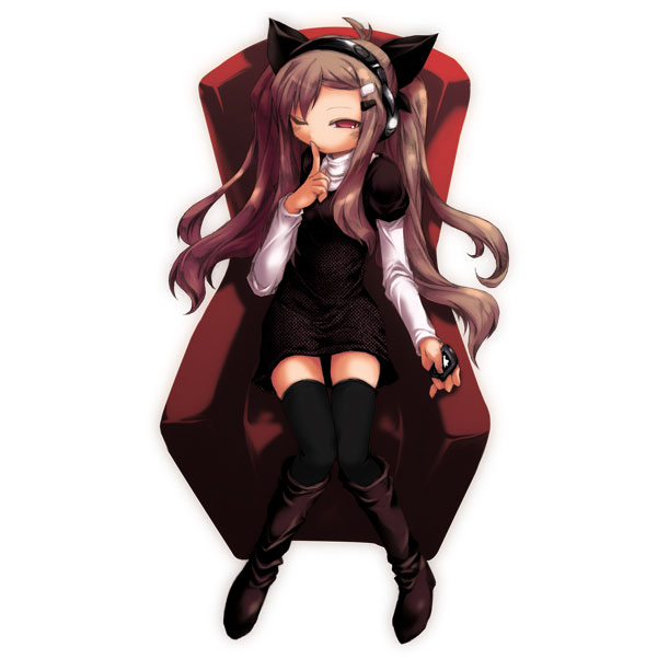 nekobanana, omega no shikai, original, animal ears, boots, brown hair, cat ears, dress, headphones, thighhighs, zettai ryouiki