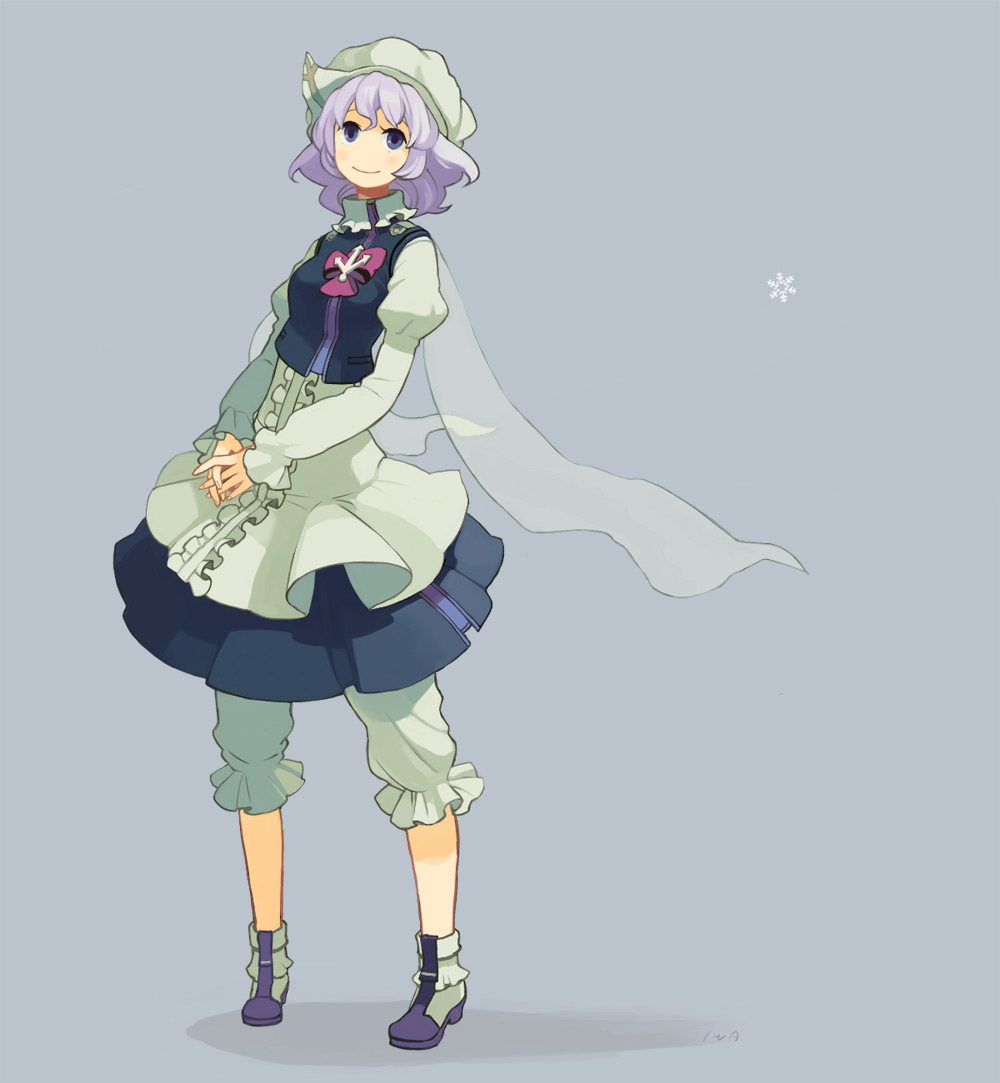 iwamoto zerogo, letty whiterock, touhou, 1girl, bonnet, dress, female focus, frills, hat, snowflakes, solo, standing