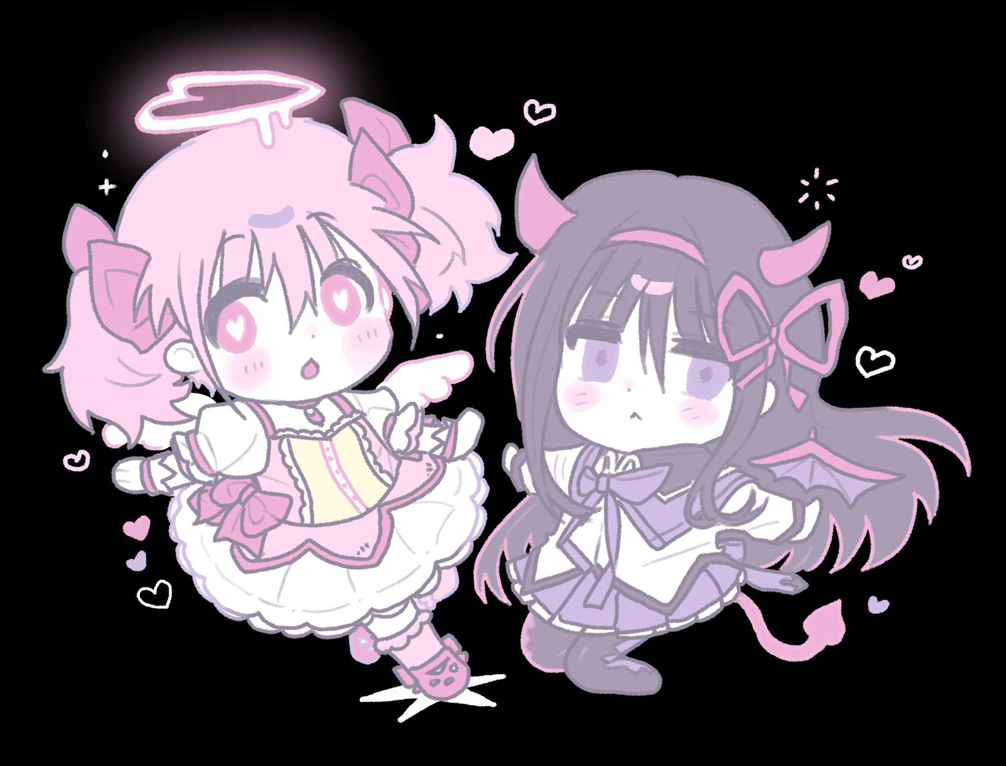 kerimka31328031, akemi homura, kaname madoka, mahou shoujo madoka magica, mahou shoujo madoka magica (anime), highres, 2girls, :<, angel, angel and devil, angel wings, argyle clothes, argyle footwear, black background, black boots, black capelet, black hair, blush stickers, boots, bow, bowtie, bright pupils, buttons, capelet, center frills, chest jewel, chibi, choker, circle skirt, closed mouth, collared capelet, cross-laced shoes, demon girl, demon horns, demon tail, demon wings, diamond-shaped pupils, diamond (shape), dot nose, dress, dress bow, dripping, expressionless, footwear bow, frilled dress, frilled skirt, frilled sleeves, frilled socks, frills, gem, gloves, hair between eyes, hair bow, hair ribbon, hairband, halo, heart, heart-shaped pupils, heart halo, horns, jitome, kneehighs, kneeling, long hair, long sleeves, magical girl, mary janes, miniskirt, multiple girls, open mouth, outstretched arms, pink bow, pink choker, pink dress, pink eyes, pink gemstone, pink hair, pink halo, pink socks, pleated skirt, puffy short sleeves, puffy sleeves, purple bow, purple bowtie, purple capelet, purple eyes, purple skirt, purple wings, red hairband, red horns, red ribbon, red shoes, red tail, ribbon, shoes, short dress, short hair, short sleeves, short twintails, simple background, skirt, skirt under dress, socks, square neckline, squeans, star (symbol), symbol-shaped pupils, tail, tareme, thigh boots, twintails, two-tone capelet, very long hair, white dress, white gloves, white pupils, white skirt, white sleeves, white wings, wings