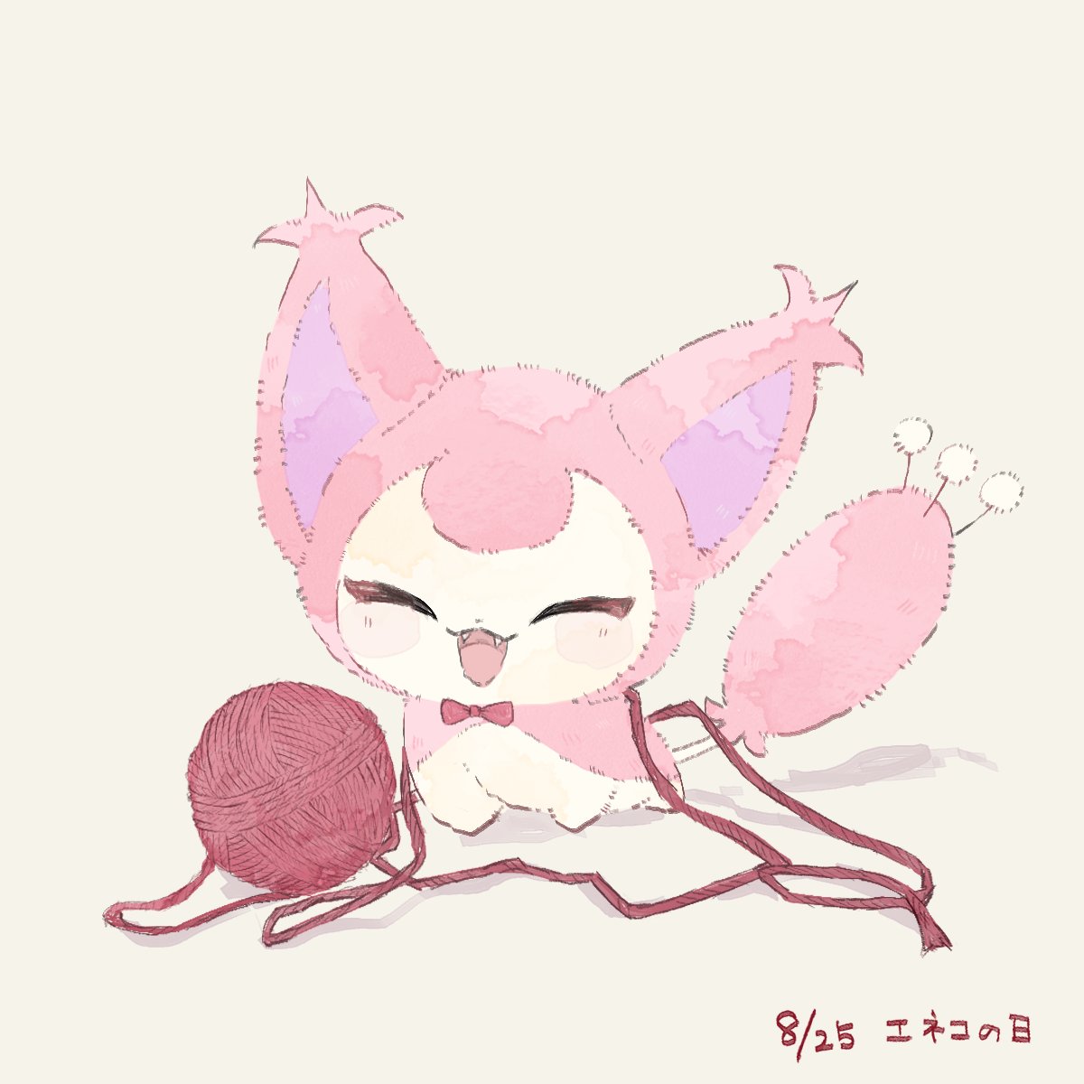 kako xox, skitty, nintendo, pokemon, highres, animal focus, blush, bow, cat, closed eyes, fangs, full body, gen 3 pokemon, no humans, open mouth, pokemon (creature), pokemon focus, red bow, simple background, smile, tail, yarn, yarn ball