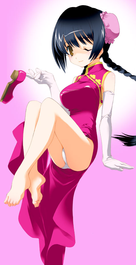 miyashita miki, wang liu mei, gundam, gundam 00, 00s, 1girl, barefoot, black hair, braid, bun cover, china dress, chinese clothes, dress, elbow gloves, feet, female focus, gloves, holding, holding shoes, holding unworn clothes, one eye closed, panties, pantyshot, shoes, solo, underwear, unworn shoes, yellow eyes