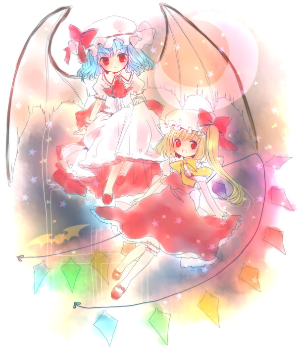 torii sumi, flandre scarlet, remilia scarlet, touhou, 2girls, blonde hair, blue hair, female focus, gradient background, hat, mob cap, multiple girls, outdoors, red eyes, siblings, sisters, sketch, skirt, sky, white background, wings