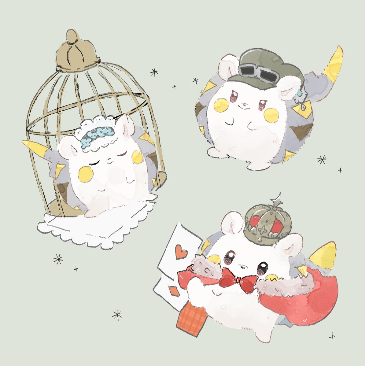 kako xox, togedemaru, nintendo, pokemon, birdcage, cage, cape, closed eyes, closed mouth, crown, gen 7 pokemon, hat, headdress, heart, no humans, pokemon (creature), pokemon focus, red cape, simple background, smile, tail