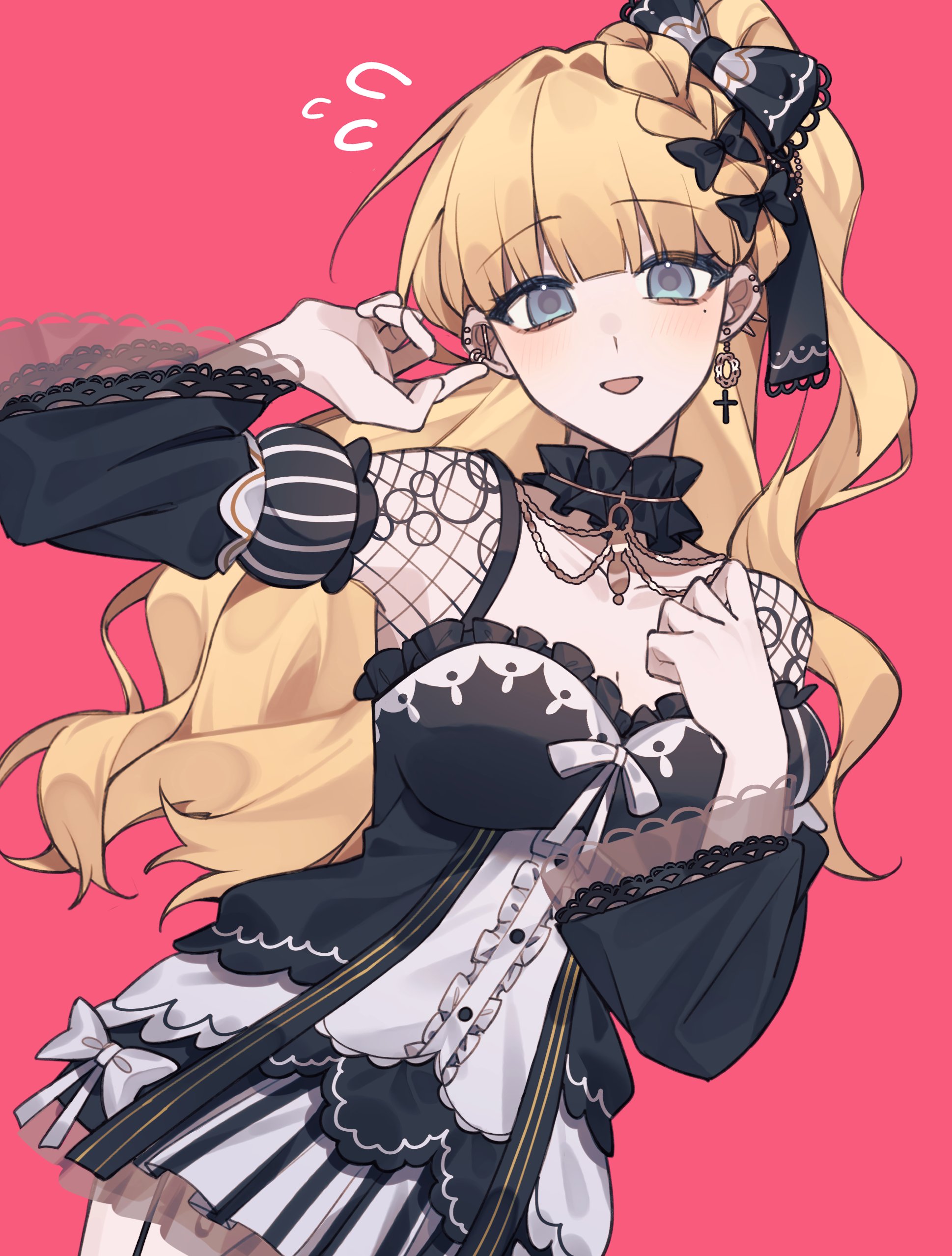 saeki miria, mahou shoujo no majo saiban, absurdres, highres, 1girl, black bow, black choker, black dress, black sleeves, blonde hair, blue eyes, bow, breasts, choker, cowboy shot, cross, cross earrings, dress, dutch angle, ear piercing, earrings, flying sweatdrops, frilled bow, frilled choker, frilled sleeves, frills, garter straps, goth fashion, hand on own chest, hime cut, jewelry, lolita fashion, long hair, looking at viewer, mu (km mnsb), piercing, pink background, single earring, solo, very long hair