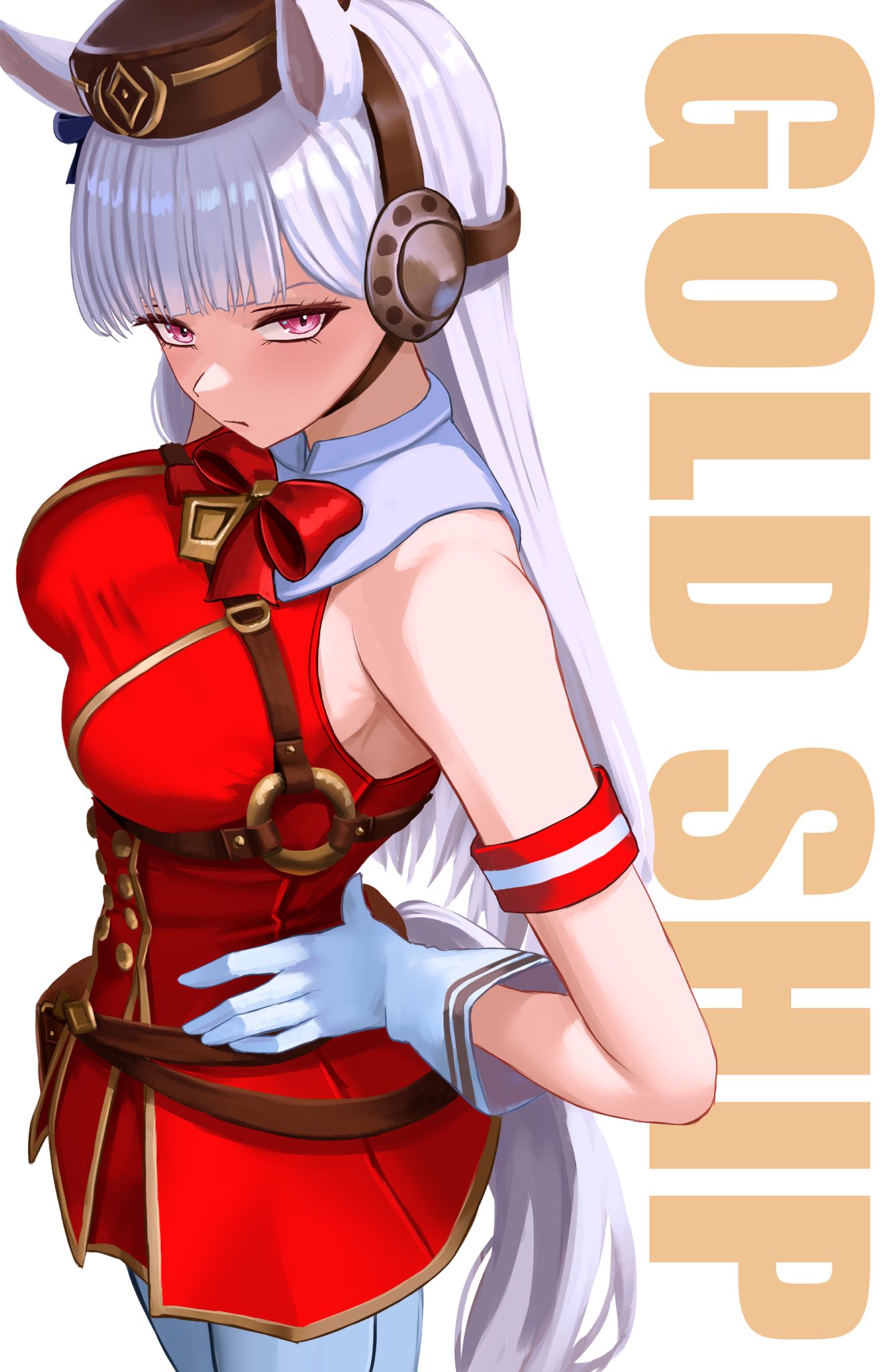 yan kodiac, gold ship (umamusume), umamusume, highres, 1girl, animal ears, armband, bare shoulders, blunt bangs, blush, bow, breasts, brown hat, closed mouth, dress, ear bow, ear ribbon, gloves, grey hair, hat, horse ears, horse girl, horse tail, large breasts, long hair, looking at viewer, pantyhose, pillbox hat, purple bow, purple eyes, red dress, sleeveless, sleeveless dress, solo, tail, white armband, white gloves, white pantyhose