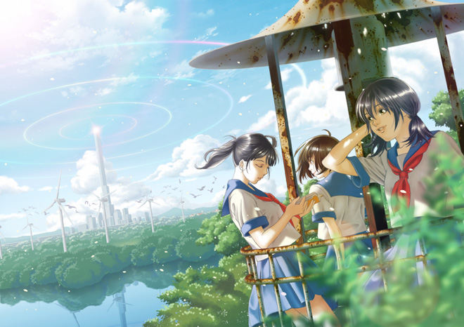 original, 3girls, cloud, day, multiple girls, scenery, school uniform, serafuku, sky, windmill