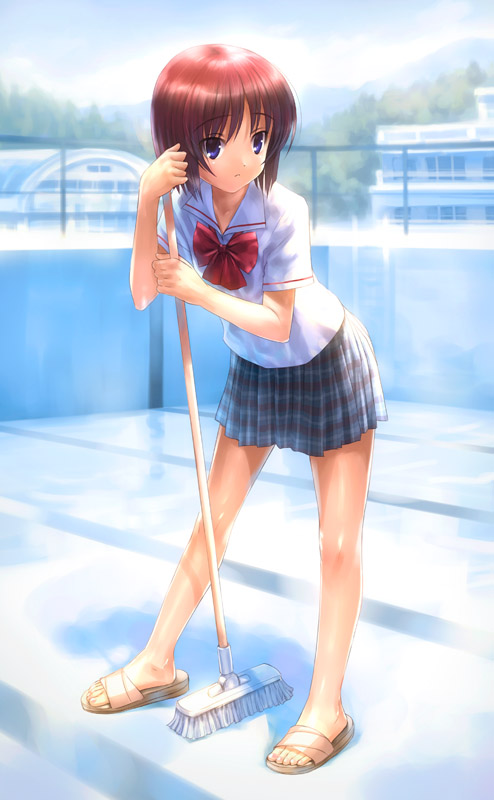 goto p, 1girl, blue eyes, broom, cleaning brush, day, empty pool, female focus, hill, leaning forward, outdoors, pleated skirt, pool, pool ladder, red hair, sandals, school, school uniform, serafuku, shiny skin, short hair, skirt, solo, standing