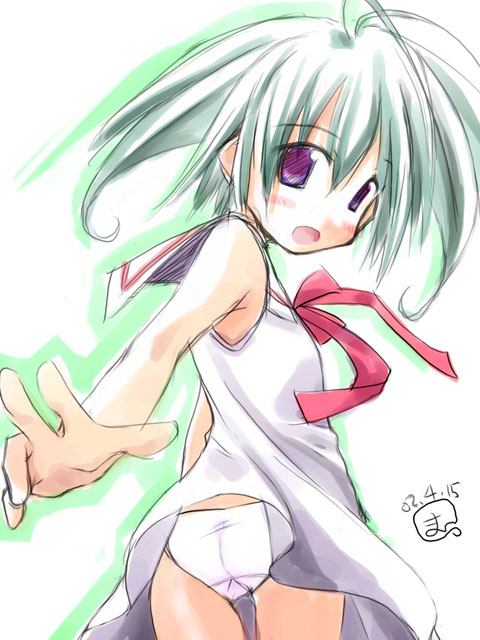 togami masaki, 1girl, ass, blush, dress, female focus, flat chest, from behind, green hair, long hair, looking at viewer, looking back, neckerchief, open mouth, panties, purple eyes, red neckerchief, ribbon, school uniform, sleeveless, sleeveless dress, smile, solo, standing, underwear, white background, white dress, white panties, wind, wind lift