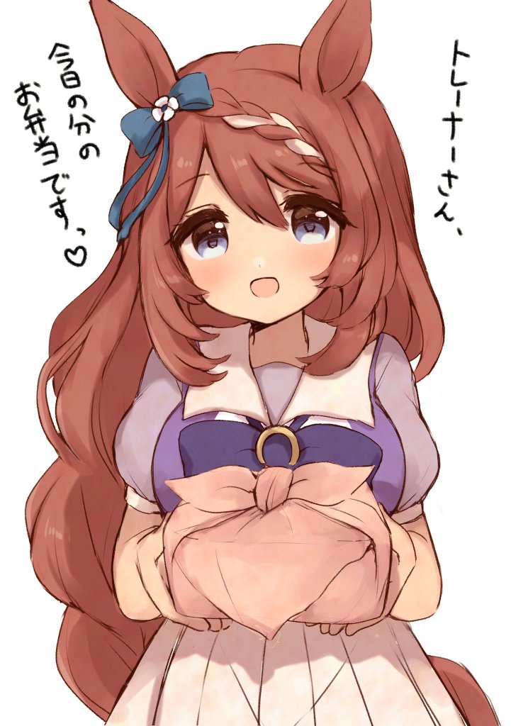 nanohana, super creek (umamusume), umamusume, 1girl, animal ears, bento, blue eyes, blush, bow, braid, breasts, brown hair, ear bow, ear ornament, hair between eyes, holding bento, horse ears, horse girl, horse tail, large breasts, long hair, looking at viewer, multicolored hair, open mouth, puffy short sleeves, puffy sleeves, purple bow, purple serafuku, purple shirt, sailor collar, sailor shirt, school uniform, serafuku, shirt, short sleeves, simple background, skirt, smile, solo, streaked hair, tail, tracen school uniform, very long hair, white background, white hair, white sailor collar, white skirt, wrapped bento